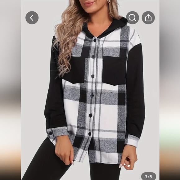 Women's Hooded Flannel Button Up Shirt Blk/White NWOT - Picture 3 of 6
